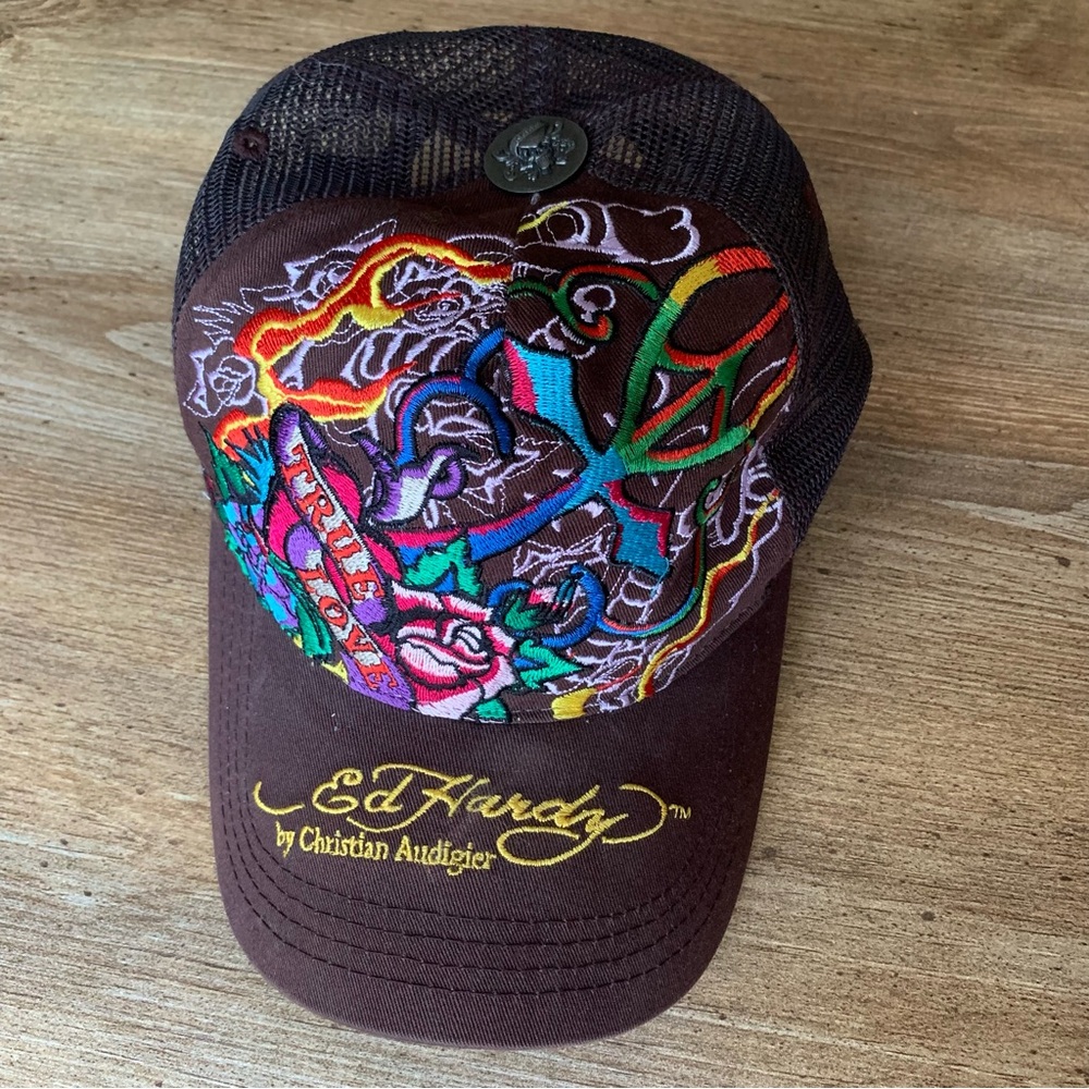 Ed Hardy Embroidered Brown Mesh Trucker Hat